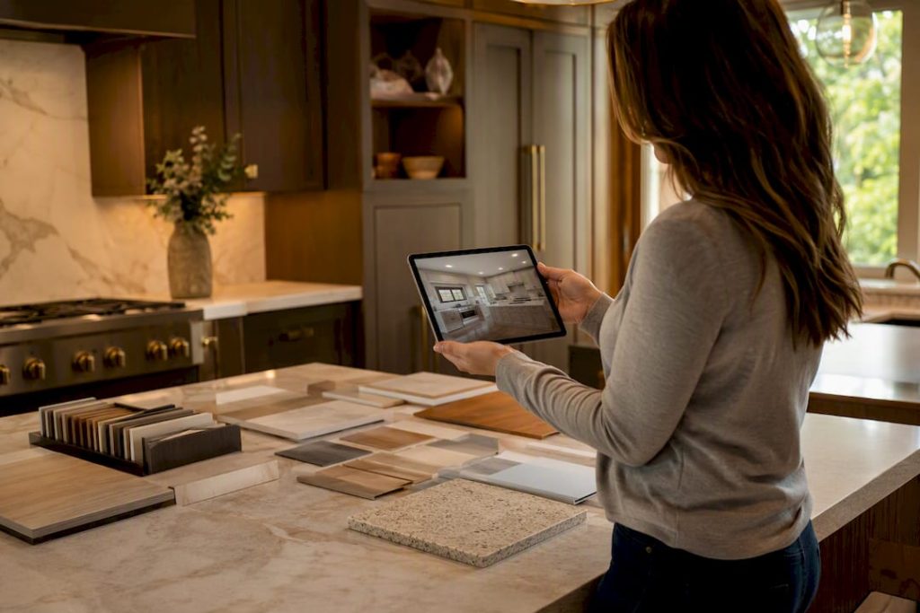 Hands holding a tablet displaying a kitchen design illustration