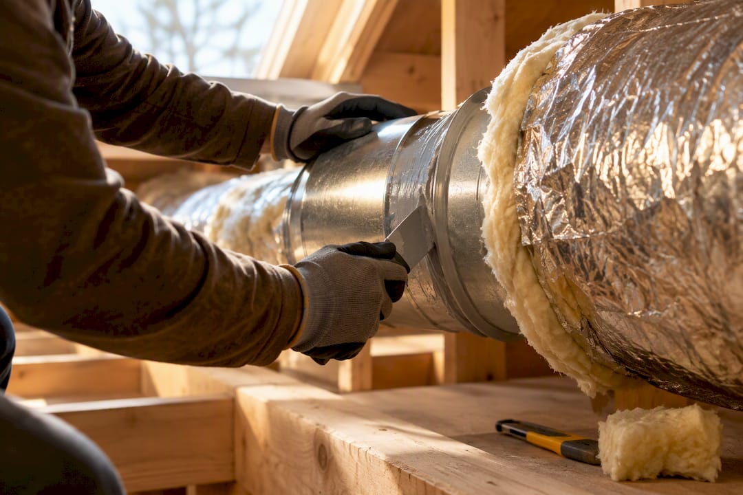 Worker sealing insulated bathroom exhaust duct