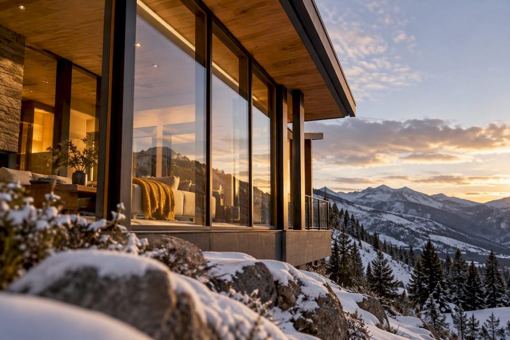 Conceptual mountain modern home design: materials, roof forms, and site planning illustration