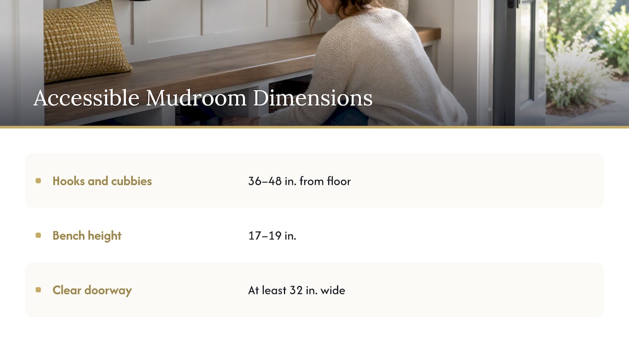 Accessible mudroom hook bench and doorway dimensions