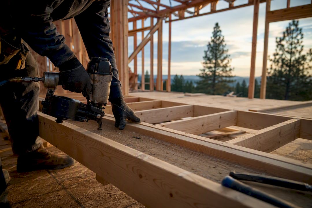 Hands nailing wood framing joists on house