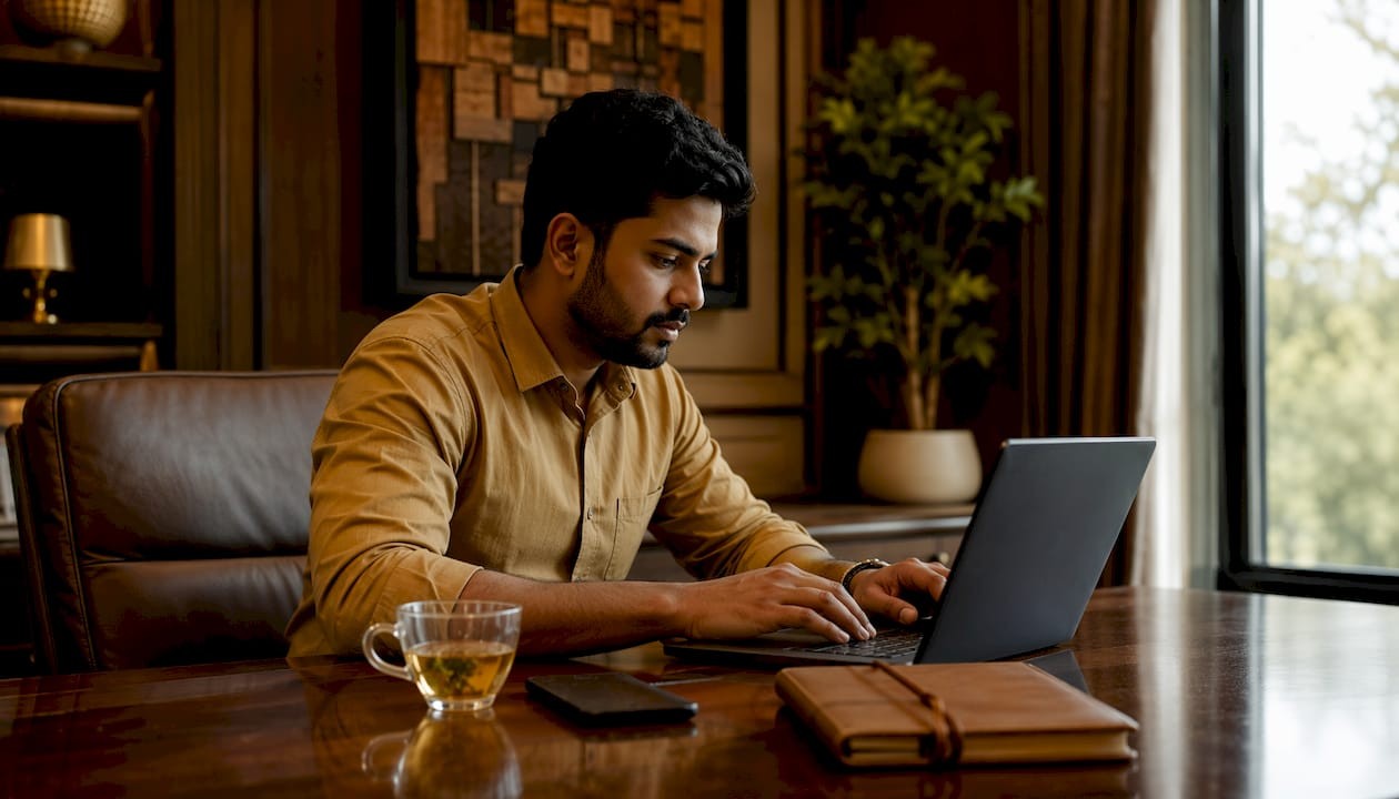 Contractor reviewing payment schedule on laptop