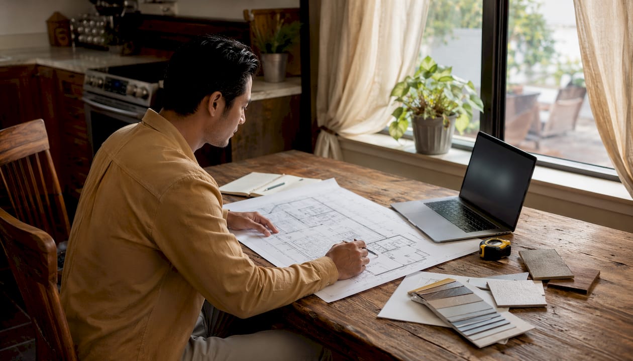 Hands calculating home addition costs on desk