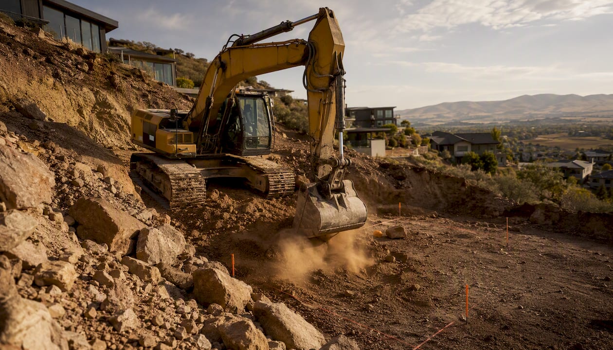 Excavator working on sloped Utah lot
