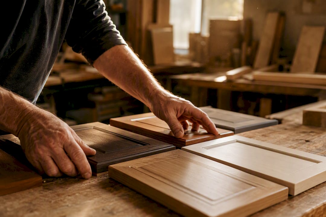 Hands touching cabinet wood samples
