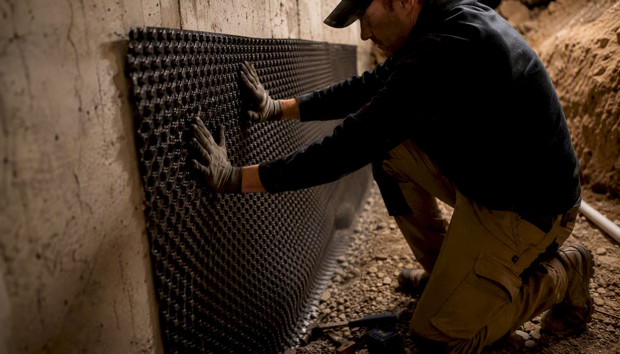 Hands installing basement waterproofing membrane