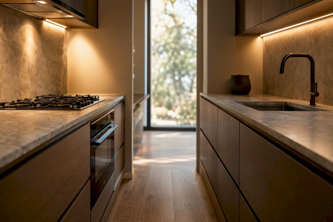 Compact galley kitchen aisle view
