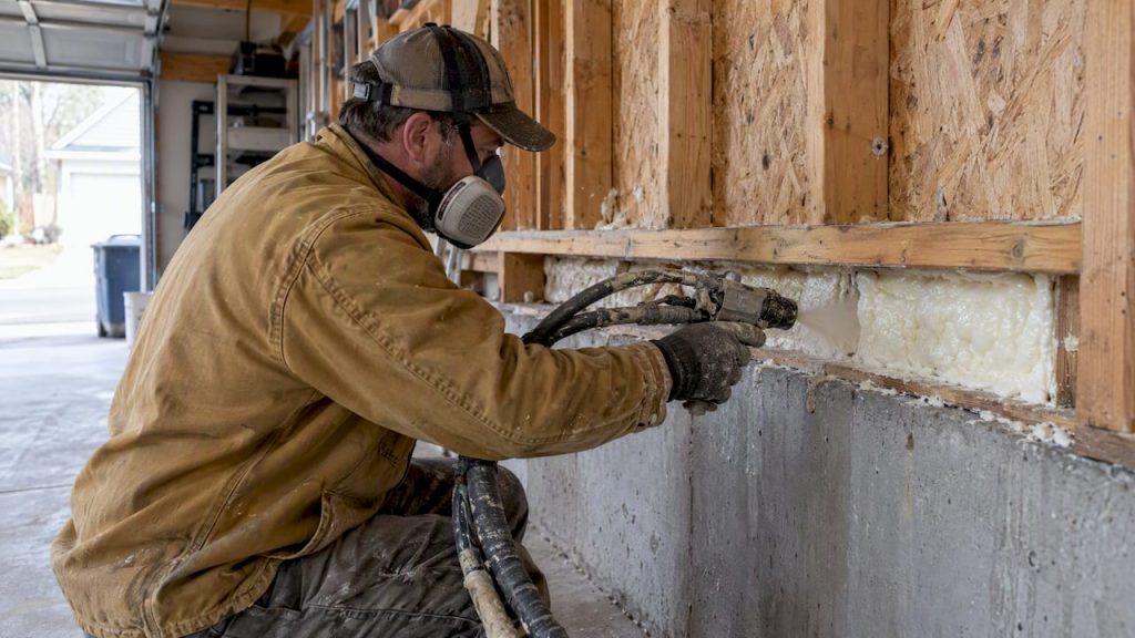 Contractor sealing a garage rim joist with foam
