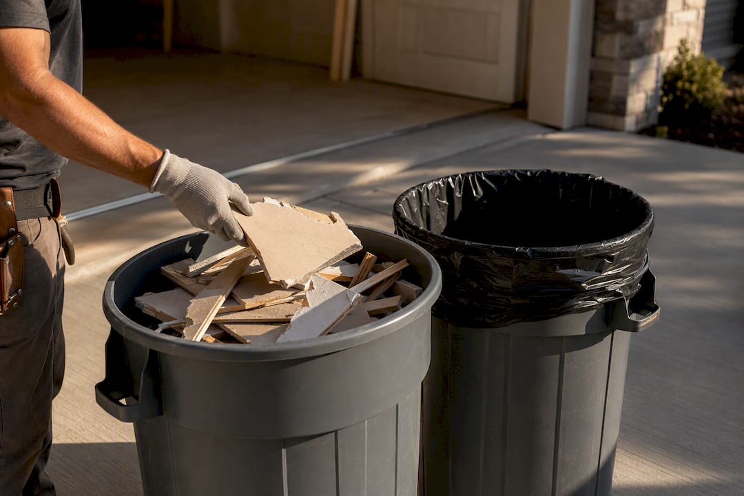 Separated renovation debris containers outside home