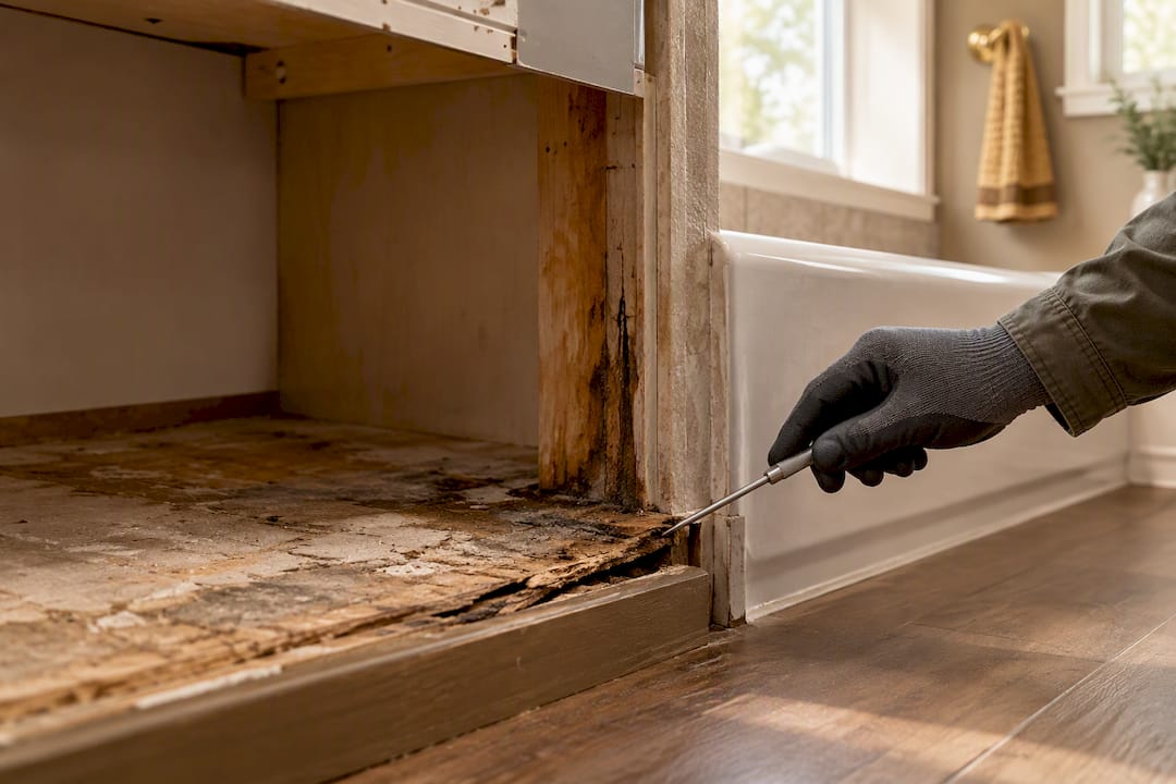 Water damage beneath removed bathroom vanity