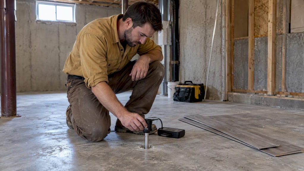 Installer testing a basement slab before flooring