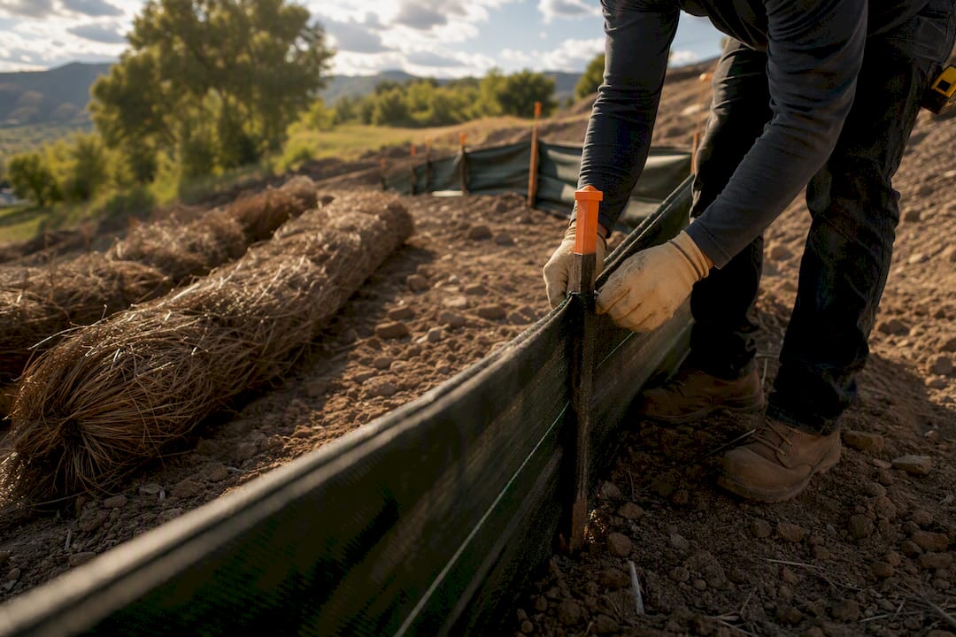 Hands installing erosion control fencing on site