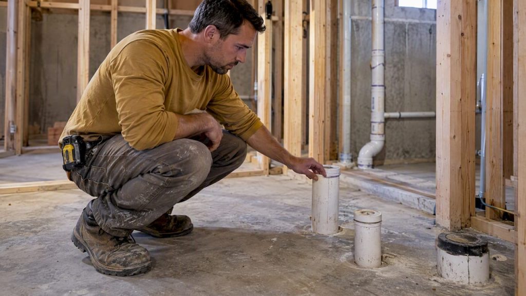 Plumber inspecting basement bathroom rough-in pipes