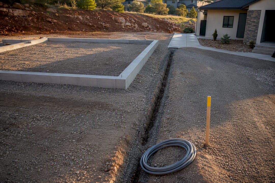 Detached garage foundation and utility trench