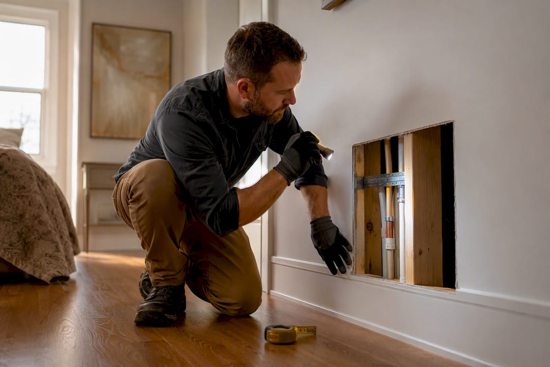 Inspector checking work behind finished drywall