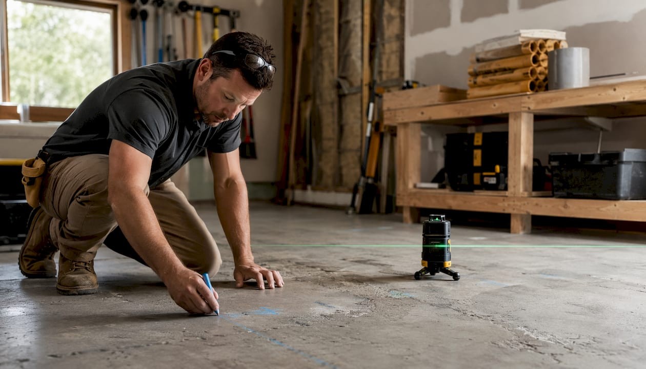 Hands measuring uneven garage floor for prep