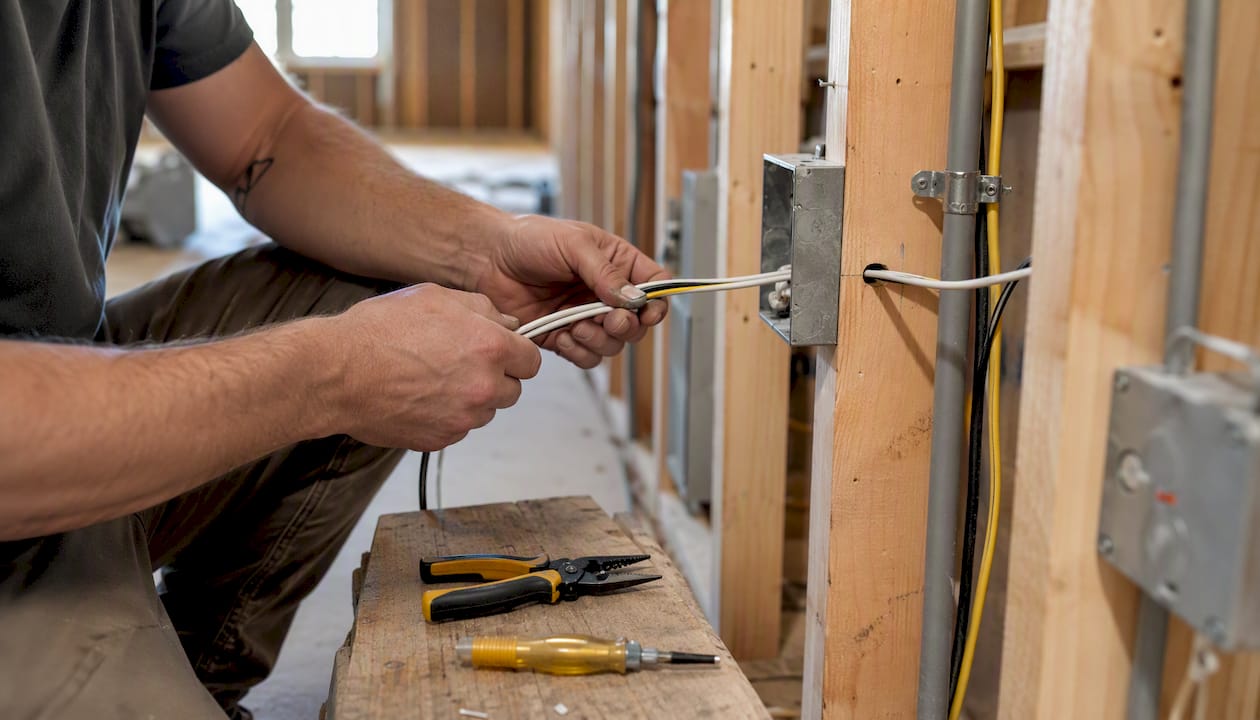 Hands pulling electrical wiring in basement wall framing