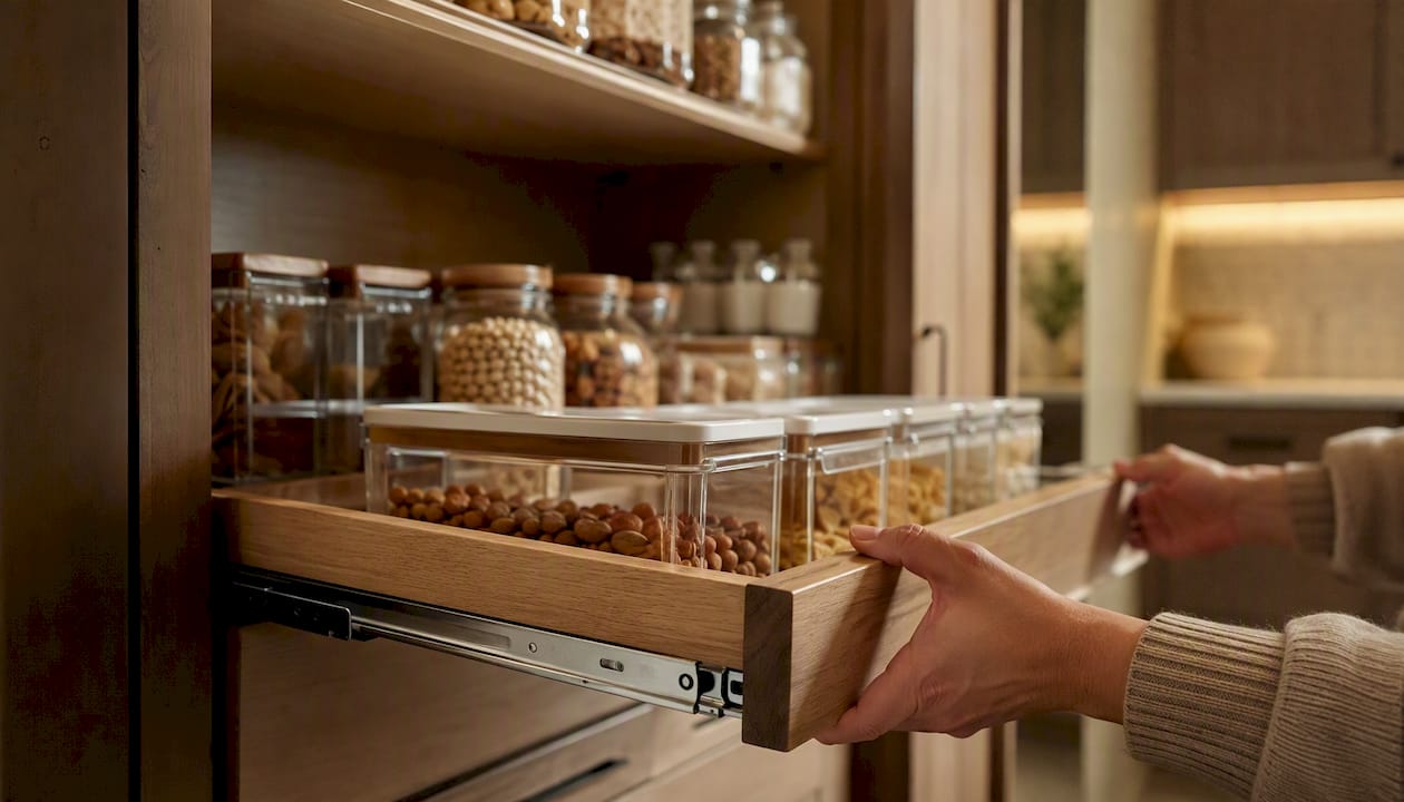 Hands pulling a full-extension pantry shelf