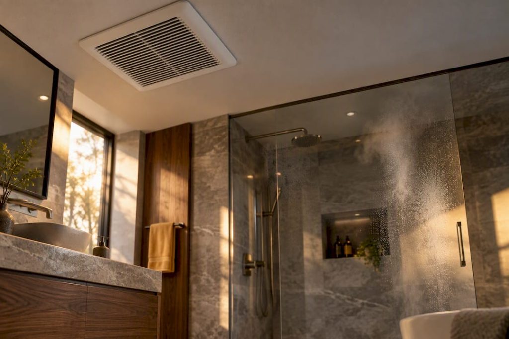 Conceptual bathroom ventilation requirements: airflow, ducting and local code checks illustration