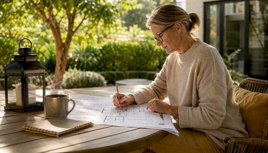 Woman reviewing home addition plans at table