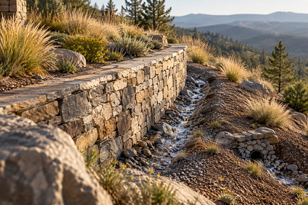 Terraced mountain lot with stone drainage features