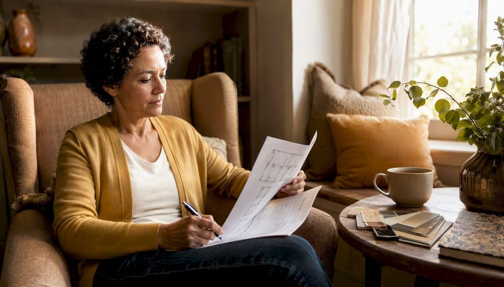 Woman reviewing bathroom remodel plans at home
