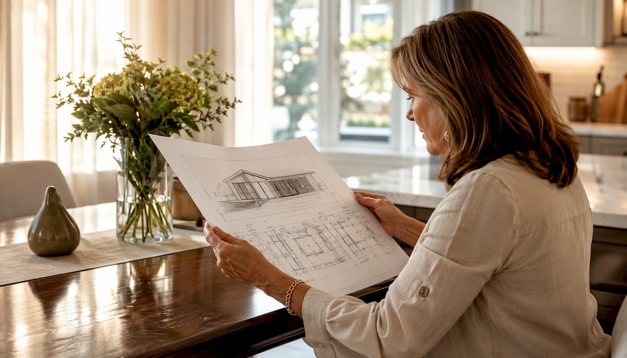 Hands holding ADU blueprints on architect's desk