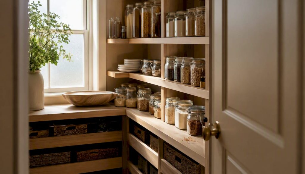 Conceptual pantry design ideas: layouts, storage, lighting, and access illustration