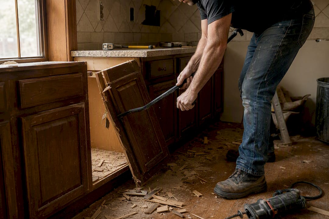 Hands removing kitchen cabinet during demolition