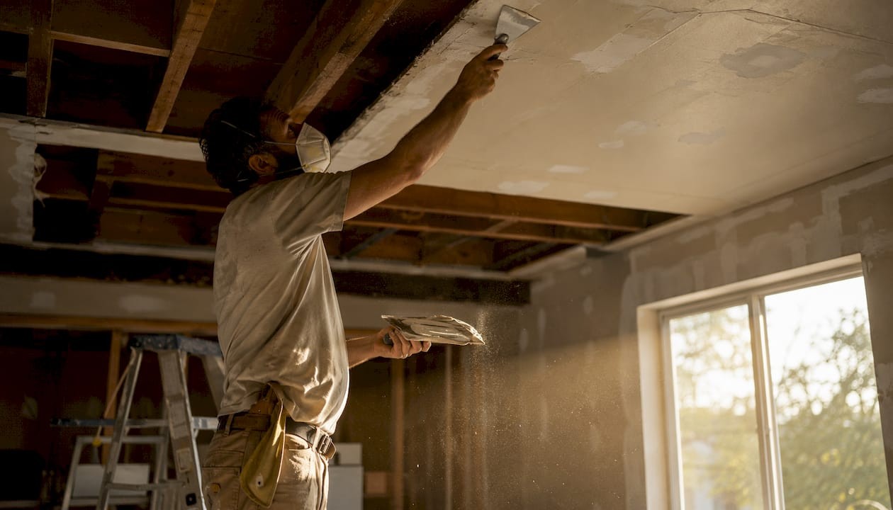 Worker smoothing drywall compound on garage ceiling