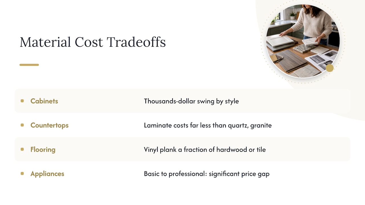 Kitchen material choices across budget tiers