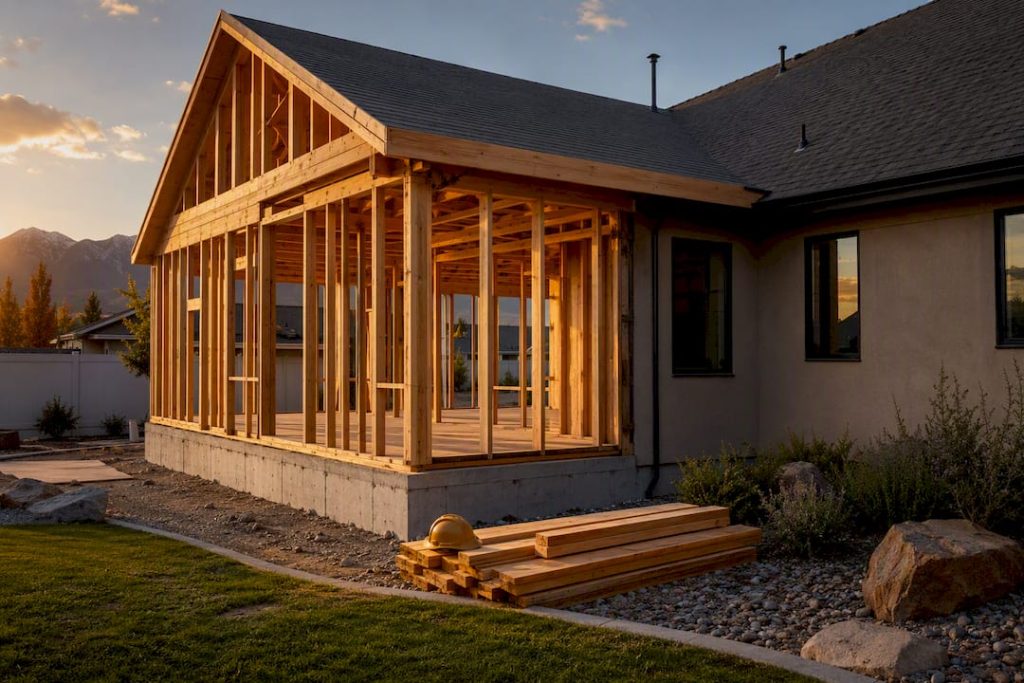 Home addition framing beside an existing house